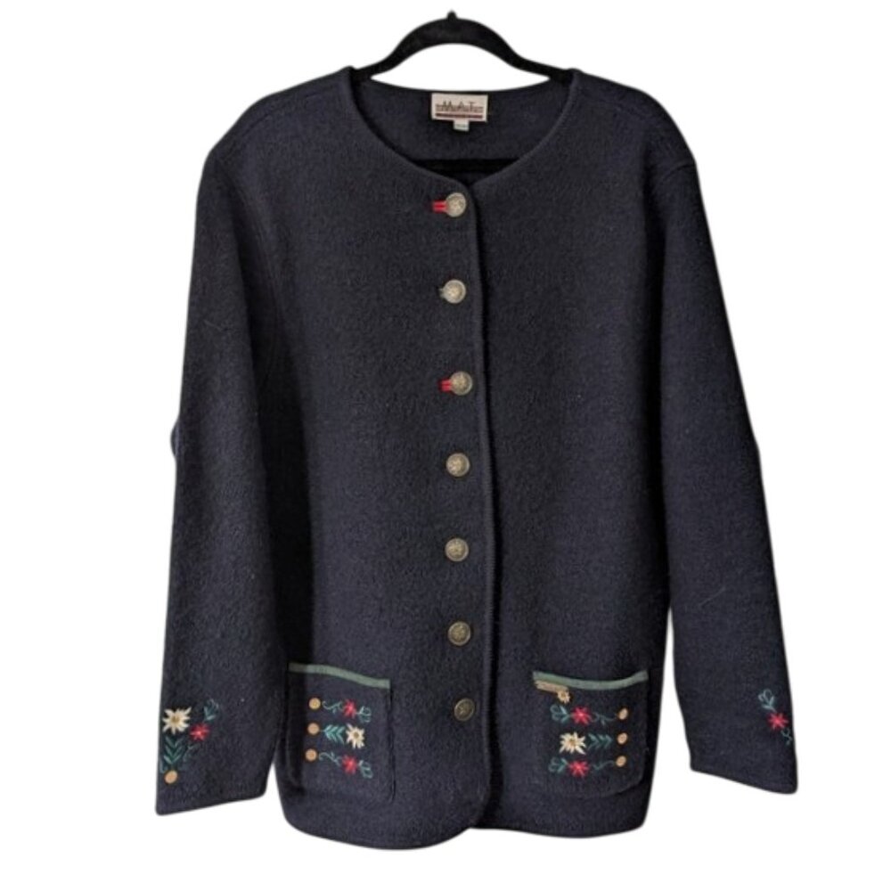 Vintage Oversized Dark Blue Wool‎ Sweater with Embroidered Details